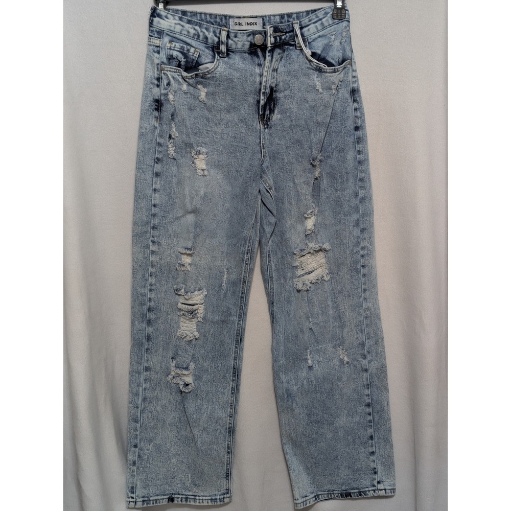 Girl Index Distressed High Waisted Straight Leg Jeans Light Acid Wash Size 3